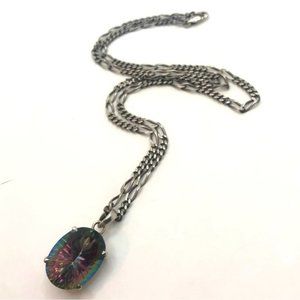 Vtg Sterling Mystic Topaz Large Oval Stone Pendant W Figaro Chain